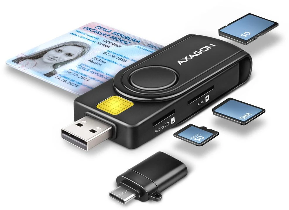 Axagon Compact Travel USB-A + USB-C kontaktas Smart / ID kortelė ir SD / Micro SD / SIM kortelių skaitytuvas.
