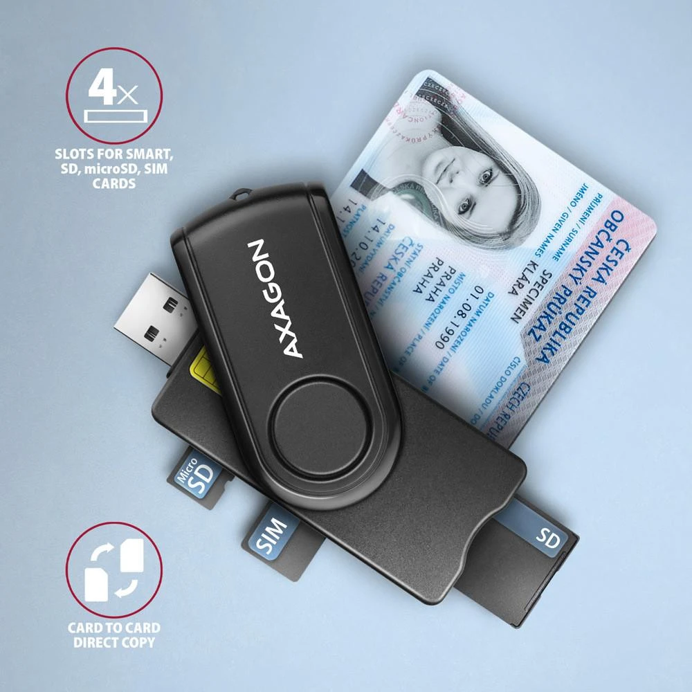 Axagon Compact Travel USB-A + USB-C kontaktas Smart / ID kortelė ir SD / Micro SD / SIM kortelių skaitytuvas.