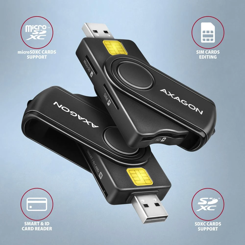 Axagon Compact Travel USB-A + USB-C kontaktas Smart / ID kortelė ir SD / Micro SD / SIM kortelių skaitytuvas.