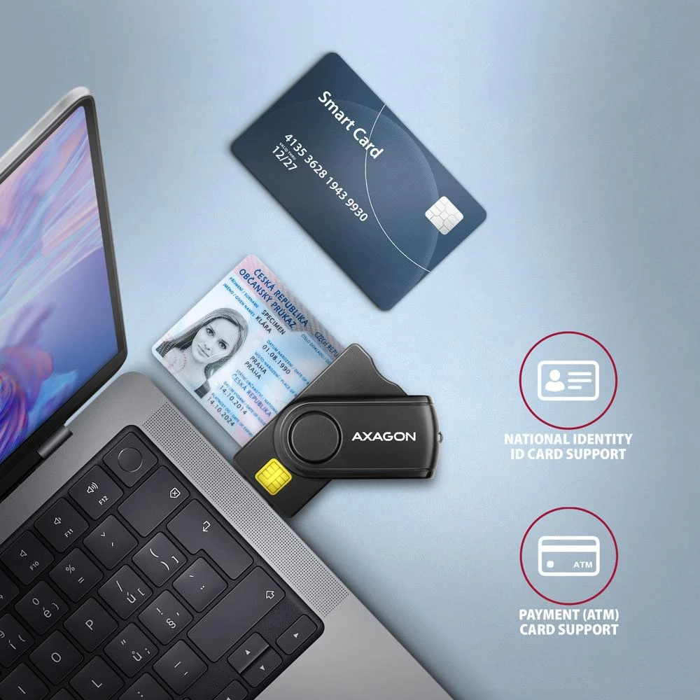 Axagon Compact Travel USB-A + USB-C kontaktas Smart / ID kortelė ir SD / Micro SD / SIM kortelių skaitytuvas.