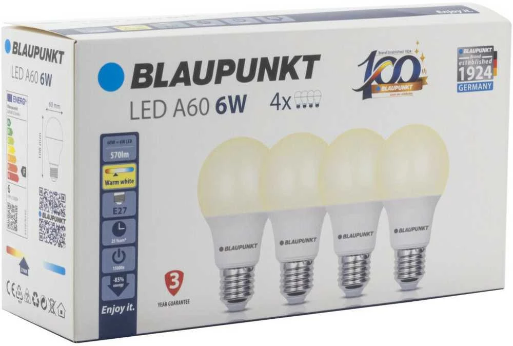 Blaupunkt LED lamp E27 A60 570lm 6W 2700K 4pcs