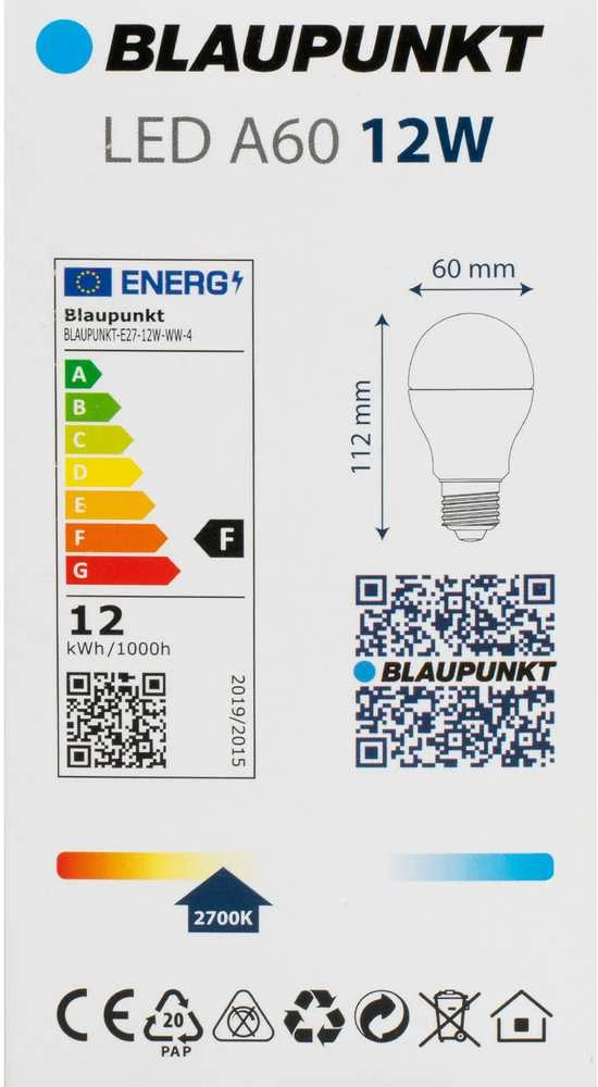 Blaupunkt LED lamp E27 A60 1200lm 12W 2700K 4pcs