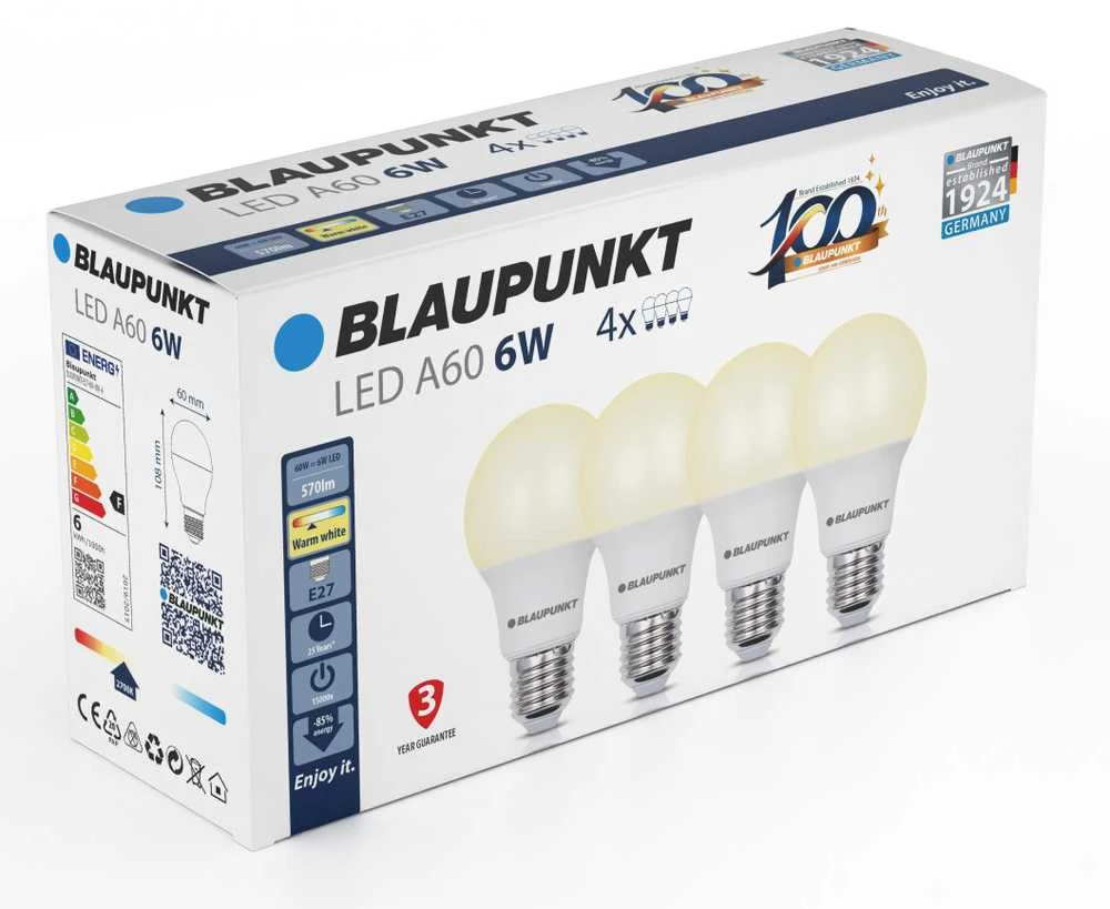 Blaupunkt LED lamp E27 A60 570lm 6W 2700K 4pcs