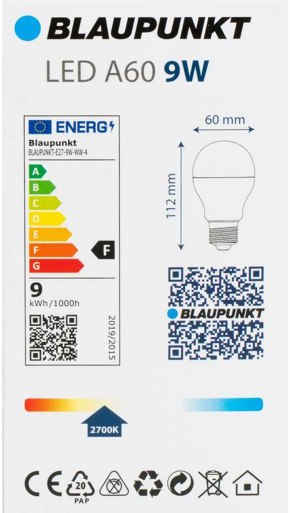Blaupunkt LED lamp E27 A60 900lm 9W 2700K 4pcs