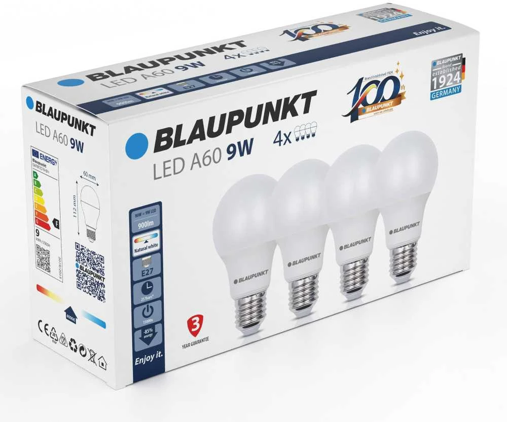 Blaupunkt LED lamp E27 A60 900lm 9W 4000K 4pcs