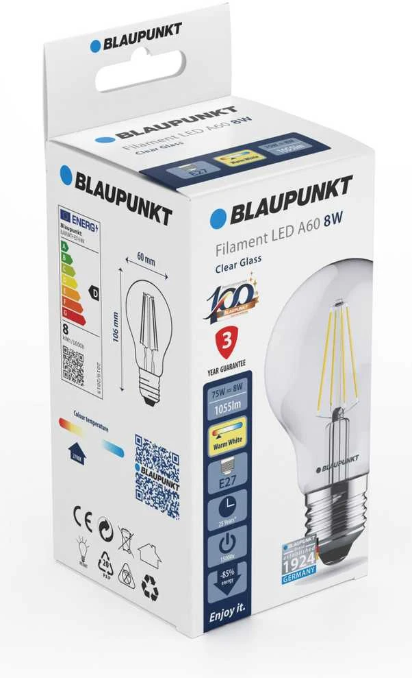 Blaupunkt kaitinimo lemputė F-E27-8-WW Blaupunkt E27 A60 LED 8W 1055lm 230V balta šilta
