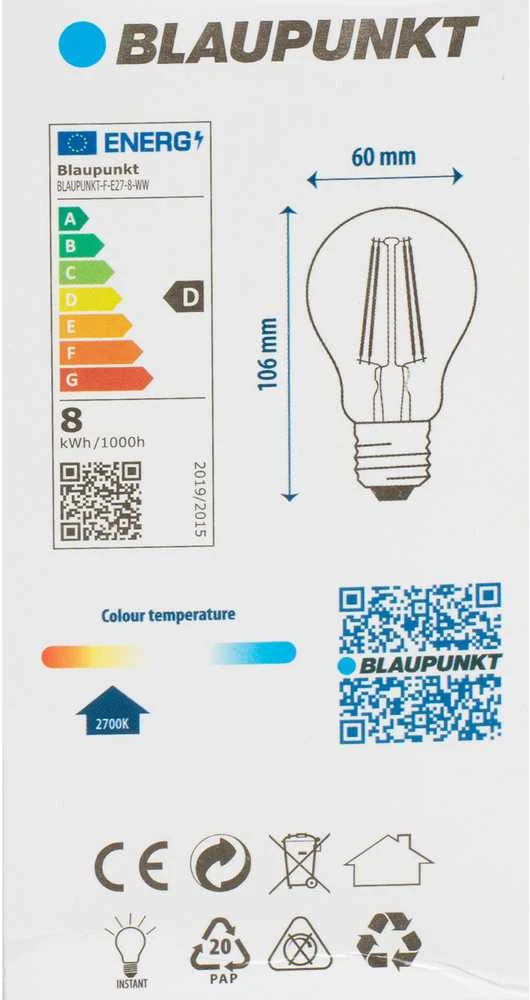 Blaupunkt kaitinimo lemputė F-E27-8-WW Blaupunkt E27 A60 LED 8W 1055lm 230V balta šilta