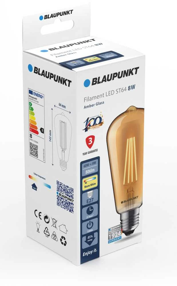 Italux Dekoratyvinė atmosferinė LEMPUTĖ FA-E27-8-WW Blaupunkt LED ST64 E27 edison 8W 806lm 230V 2300K šilta balta