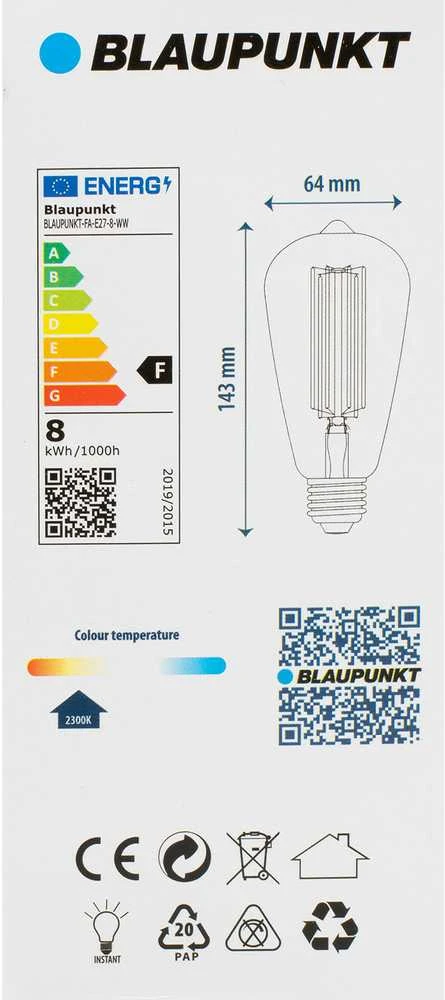 Italux Dekoratyvinė atmosferinė LEMPUTĖ FA-E27-8-WW Blaupunkt LED ST64 E27 edison 8W 806lm 230V 2300K šilta balta