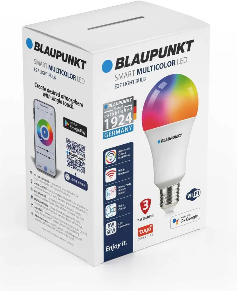 Blaupunkt išmanioji lemputė LED Smart Multicolor E27 A60 900lm 9W 2500-8000K WiFi + Bluetooth Tuya