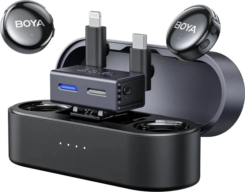 BOYA belaidis mikrofonas BOYALINK 3-01, 2.4GHz, dirbtinio intelekto triukšmo slopinimas, su 2 siųstuvais ir 2 imtuvais (C tipo, „Lightning“) Juodas EU