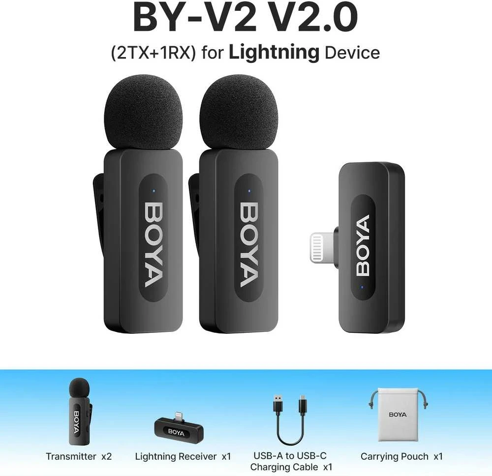 BOYA belaidis mikrofonas BY-V2 V2.0 2.4GHz su 2 siųstuvais ir 1 imtuvu (Lightning) Juodas EU