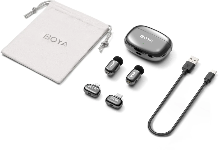 BOYA belaidis mikrofonas „Mini 2-01“ 2,4 GHz, su dirbtinio intelekto valdomu triukšmo slopinimu, 2 siųstuvais ir 2 imtuvais („Type-C“ ir „Lightning“), pilkos spalvos, ES
