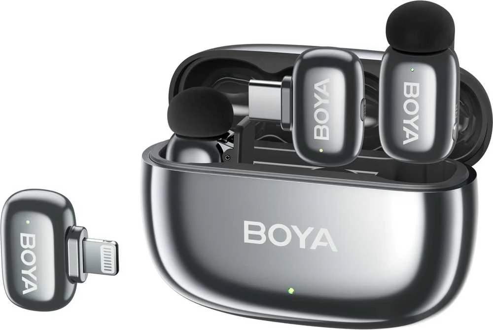 BOYA belaidis mikrofonas „Mini 2-01“ 2,4 GHz, su dirbtinio intelekto valdomu triukšmo slopinimu, 2 siųstuvais ir 2 imtuvais („Type-C“ ir „Lightning“), pilkos spalvos, ES