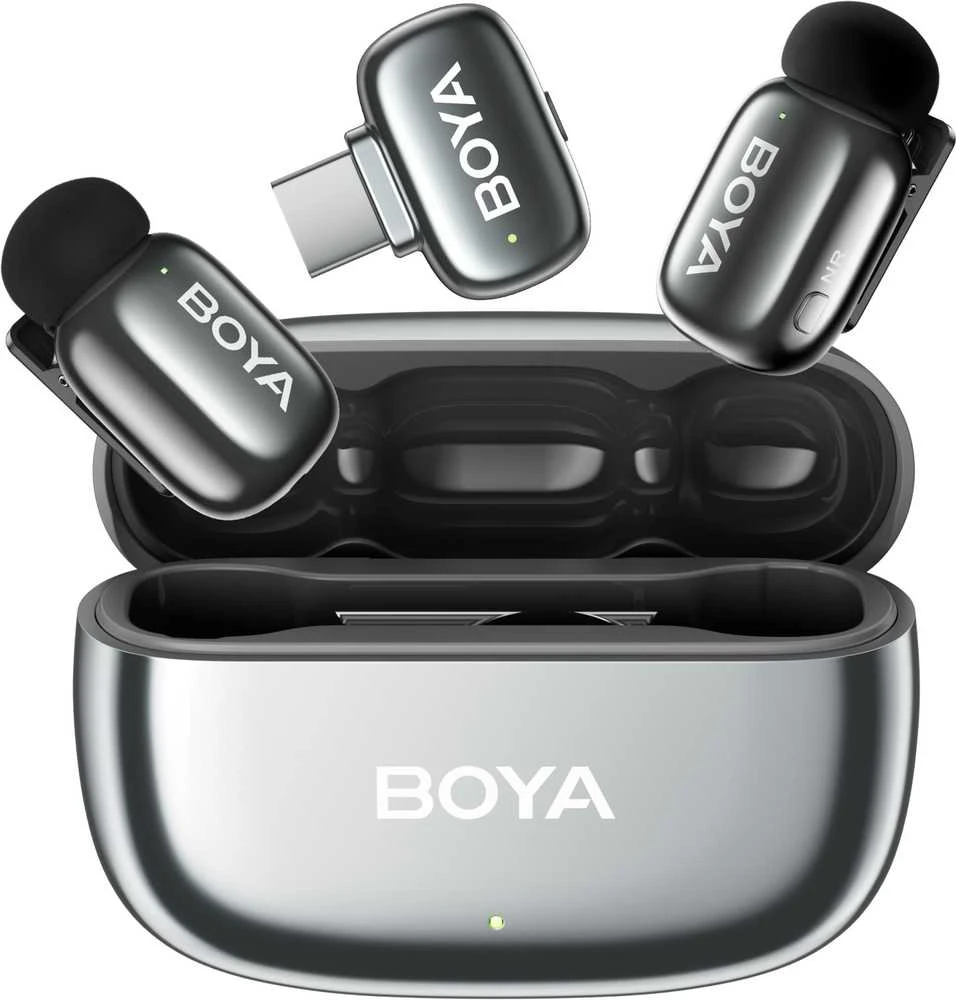 BOYA belaidis mikrofonas „Mini 2-02“ 2,4 GHz, su dirbtinio intelekto valdomu triukšmo slopinimu, 2 siųstuvais ir 1 imtuvu (C tipo), pilkos spalvos, ES