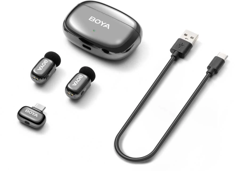 BOYA belaidis mikrofonas „Mini 2-02“ 2,4 GHz, su dirbtinio intelekto valdomu triukšmo slopinimu, 2 siųstuvais ir 1 imtuvu (C tipo), pilkos spalvos, ES
