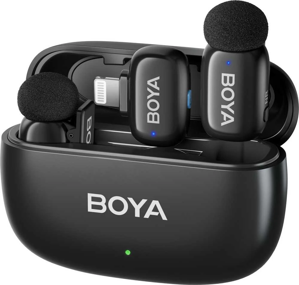 BOYA belaidis mikrofonas Mini 2-03 2.4GHz, dirbtinio intelekto valdomas triukšmo slopinimas su 2 siųstuvais ir 1 imtuvu (Lightning) Juodas EU