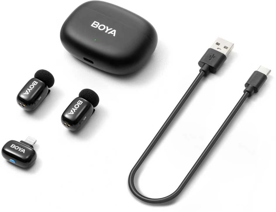 BOYA belaidis mikrofonas Mini 2-03 2.4GHz, dirbtinio intelekto valdomas triukšmo slopinimas su 2 siųstuvais ir 1 imtuvu (Lightning) Juodas EU