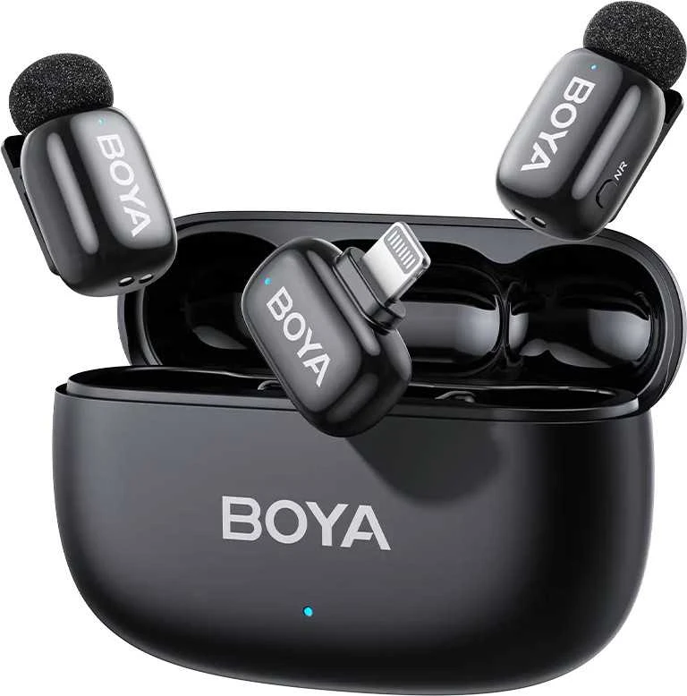 BOYA belaidis mikrofonas Mini 2-03 2.4GHz, dirbtinio intelekto valdomas triukšmo slopinimas su 2 siųstuvais ir 1 imtuvu (Lightning) Juodas EU