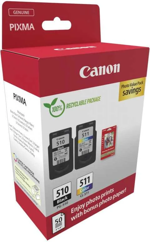 „Canon“ rašalo kasetė + fotopopierius vertės paketas | PG-510/CL-511 | Rašalo kasetė/popieriaus rinkinys | Spalva (žydra, rausvai raudona, geltona)