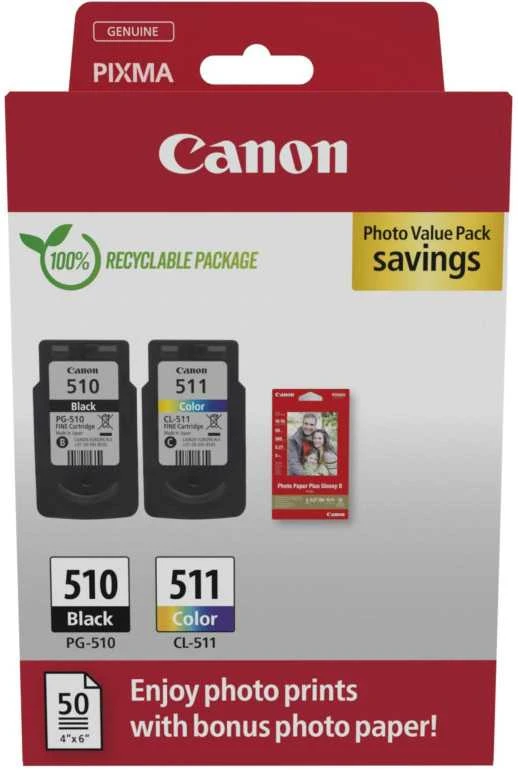 „Canon“ rašalo kasetė + fotopopierius vertės paketas | PG-510/CL-511 | Rašalo kasetė/popieriaus rinkinys | Spalva (žydra, rausvai raudona, geltona)