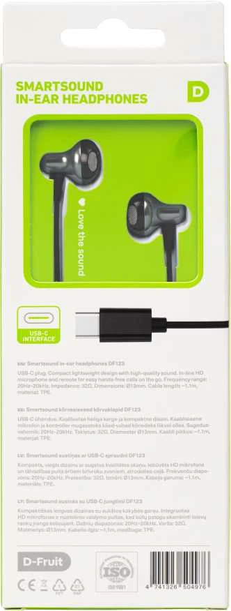 D-FRUIT DF123 ausinių pakuotė su USB-C jungtimi