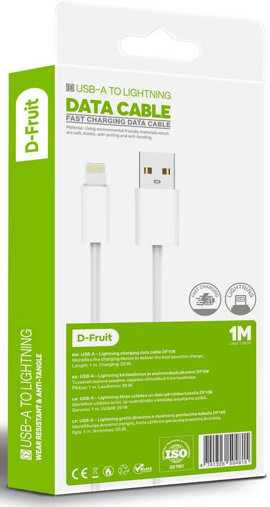 D-Fruit kabelis USB-A - USB-C 1m, baltas (DF105)