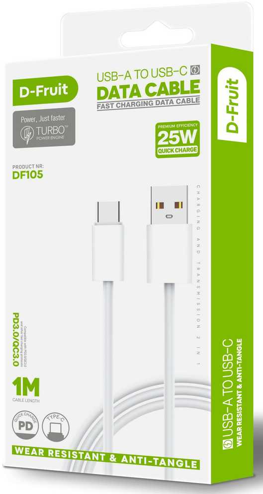 D-Fruit kabelis USB-A - USB-C 1m, baltas (DF105)