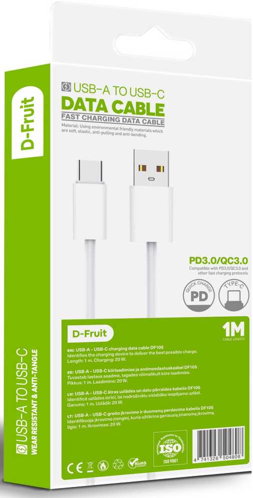 D-Fruit USB-A - Lightning kabelis DF106 1m, baltas