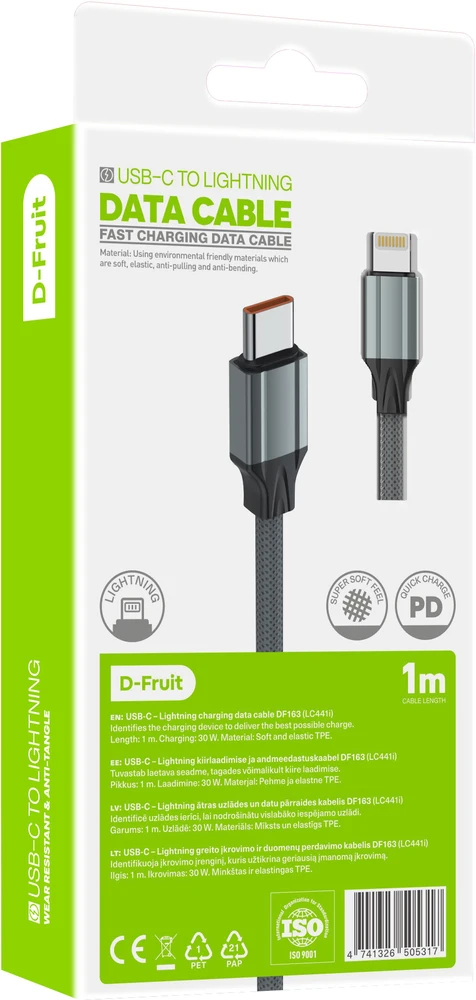 D-Fruit USB-C - Lightning kabelis DF163 1m, pilkas