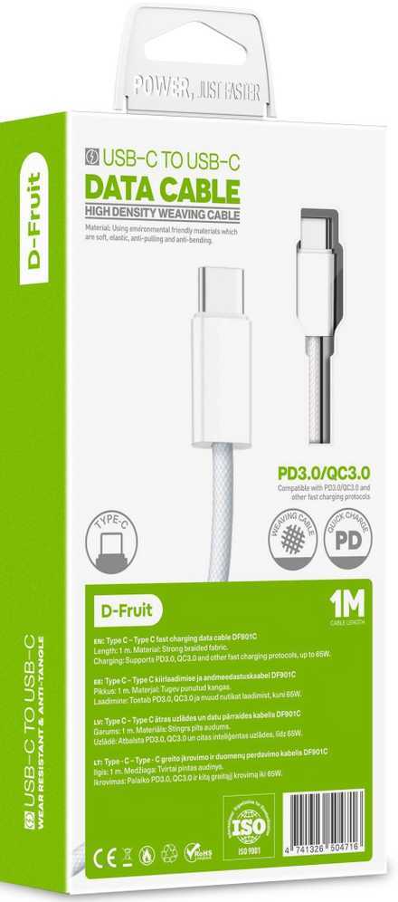 USB kabelis D-FRUIT DF901C, C - USB-C, 1 m, baltos sp.