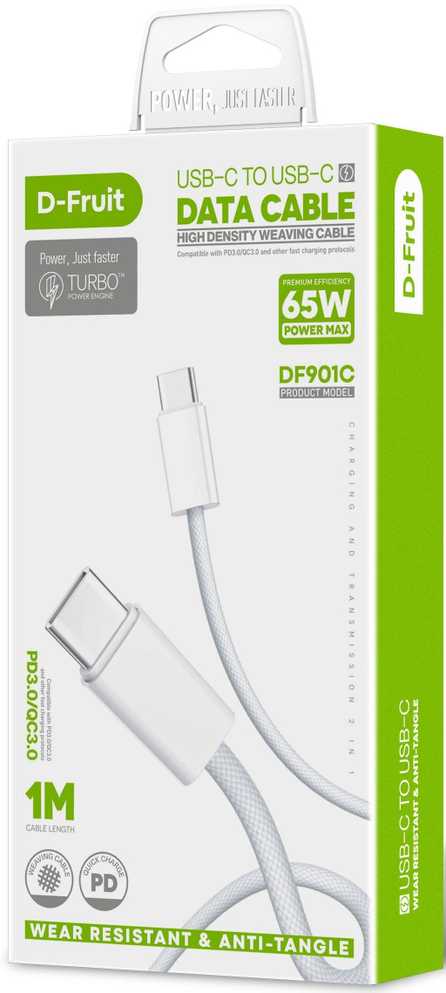 USB kabelis D-FRUIT DF901C, C - USB-C, 1 m, baltos sp.