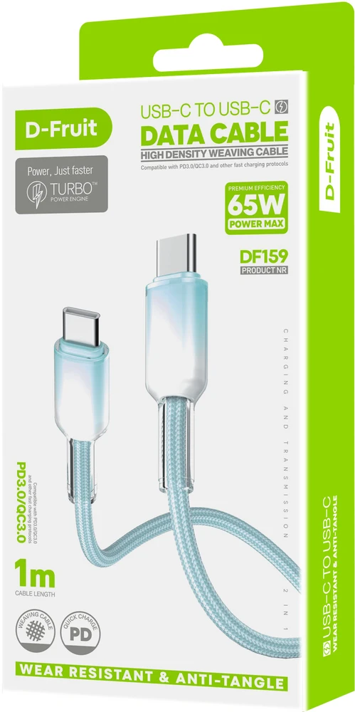 D-Fruit USB-C - USB-C DF159 kabelis 1m, helesininis
