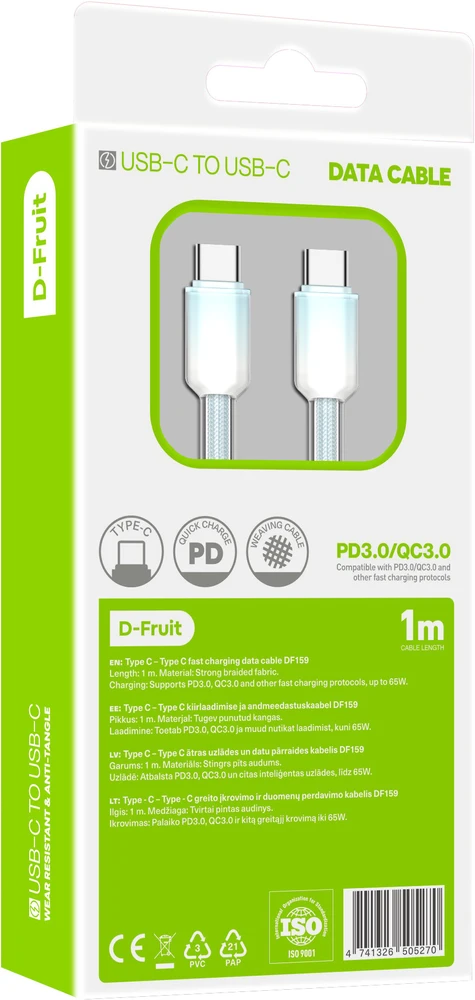 D-Fruit USB-C - USB-C DF159 kabelis 1m, helesininis