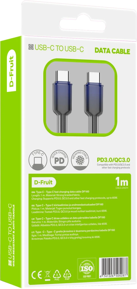 D-Fruit USB-C - USB-C DF160 kabelis 1m, tamsiai mėlynas