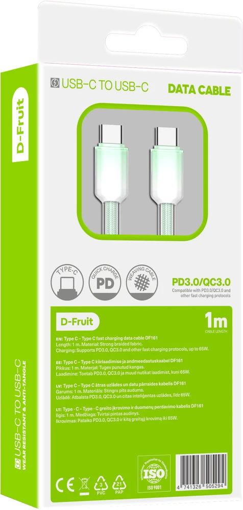 D-Fruit USB-C - USB-C DF161 kabelis, šviesiai žalias