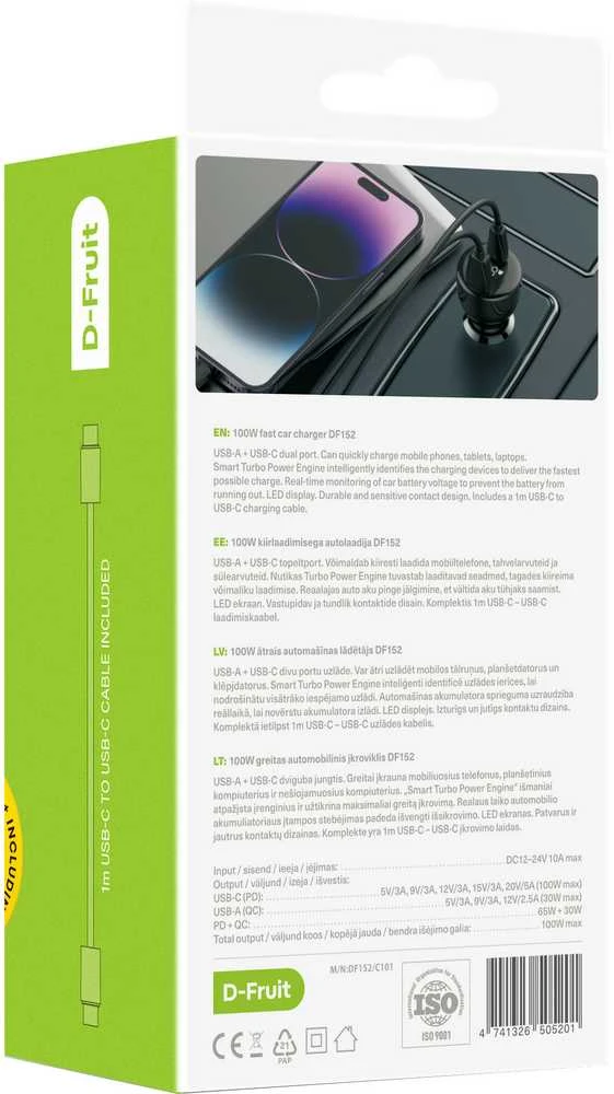 D-Fruit automobilio įkroviklis 100W USB-C + laidas DF152