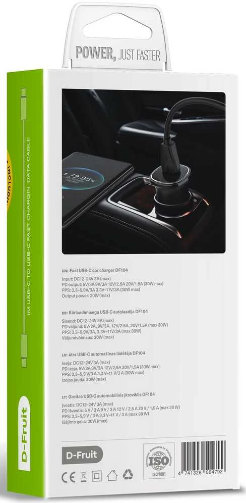D-Fruit automobilinis įkroviklis 30W USB-C + USB-C laidas DF104
