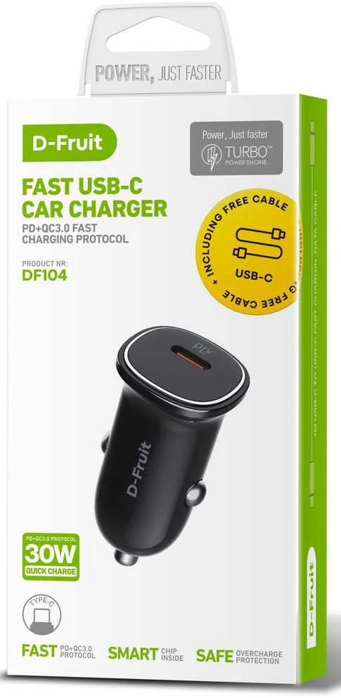 D-Fruit automobilinis įkroviklis 30W USB-C + USB-C laidas DF104
