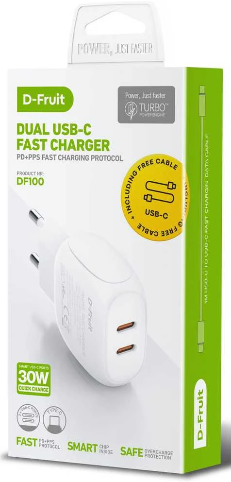 D-Fruit įkroviklis 30W 2xUSB-C + USB-C laidas DF100 1m