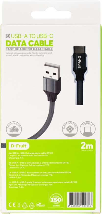 D-Fruit kabelis USB-A - USB-C 2m, pilkas (DF120)