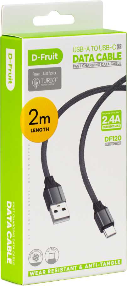 D-Fruit kabelis USB-A - USB-C 2m, pilkas (DF120)