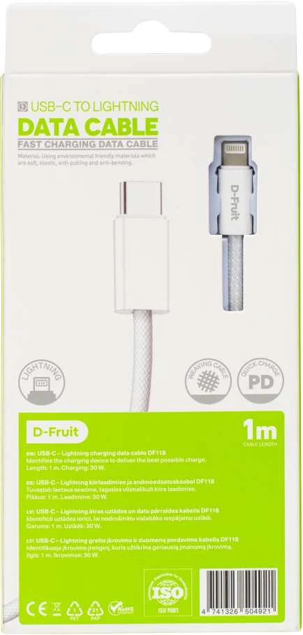 D-Fruit USB-C - Lightning kabelis DF118 1m, baltas