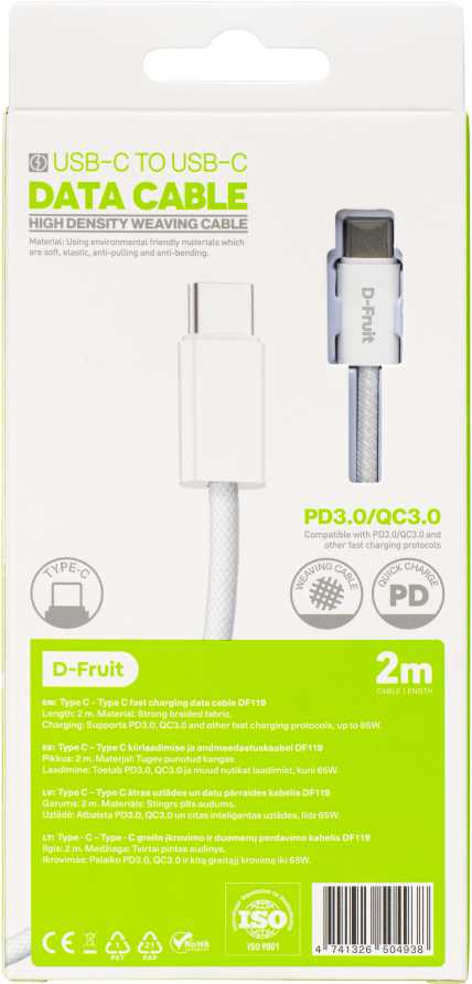 D-Fruit kabelis USB-C – USB-C 2m, baltas (DF119)