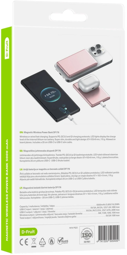 D-Fruit power bank 5000mAh Wireless DF176, pink