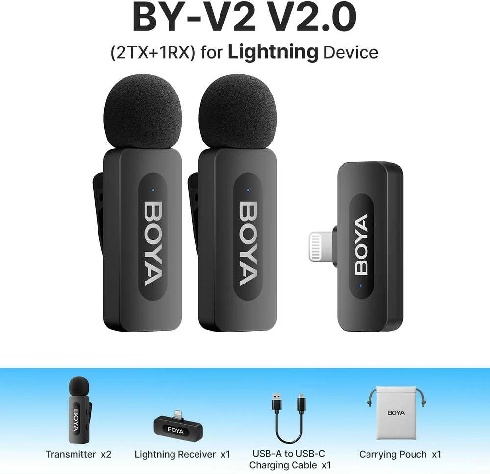 BOYA belaidis mikrofonas BY-V2 V2.0 2.4GHz su 2 siųstuvais ir 1 imtuvu (Lightning) Juodas EU