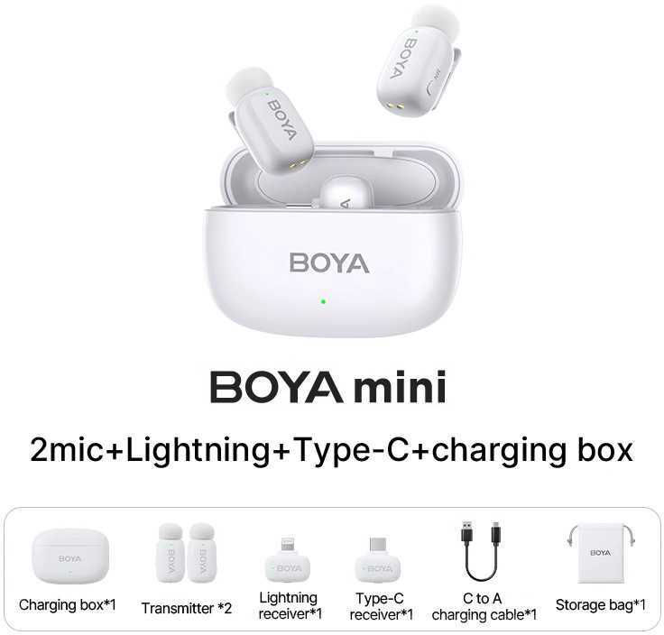 Boya | Mini-13 Ultracompact 2.4GHz Belaidės Mikrofonas System with lightning+USB-C | Baltas