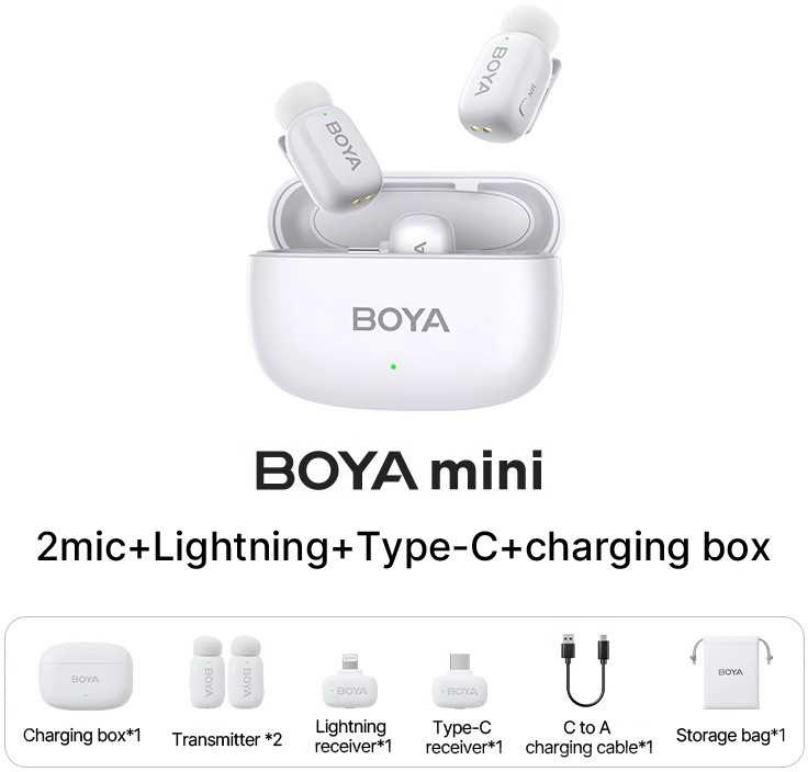 Boya | Mini-13 Ultracompact 2.4GHz Belaidės Mikrofonas System with lightning+USB-C | Baltas