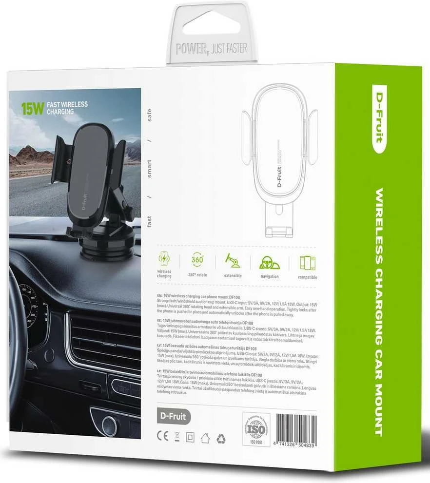 D-Fruit telefono automobilinis laikiklis + QI belaidis įkroviklis DF108