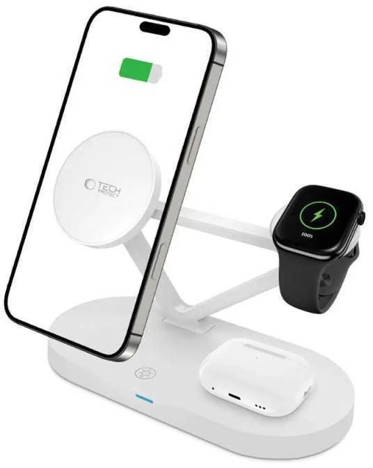 Tech-Protect QI15W-A41 3in1 belaidis įkroviklis su MagSafe for Apple Devices – baltos spalvos